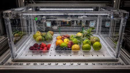 Robotic arms handling delicate fruits in a food-safe lab with advanced sensorsの素材