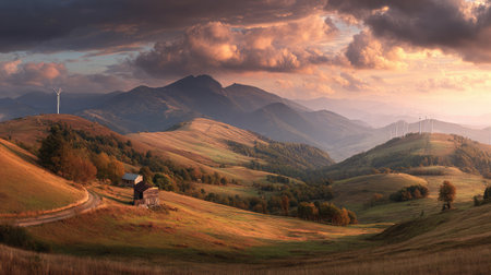Scenic panorama of a mountainous windmill farm under glowing golden hour skiesの素材