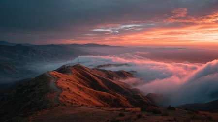 Sunlight reflects off windmill blades atop a mountain surrounded by clouds and vast horizonの素材