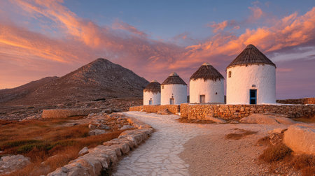 Windmills aligned across a mountain path under soft evening light and pastel-colored cloudsの素材