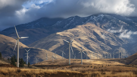 Vibrant blue sky with layered clouds casts soft light on mountain wind energy farmの素材