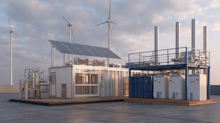 Wide shot of a hybrid energy station combining wind, solar, and thermal unitsの素材