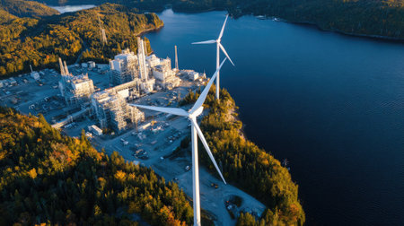 Wind turbines located near a fossil fuel power facility, showcasing energy transitionの素材
