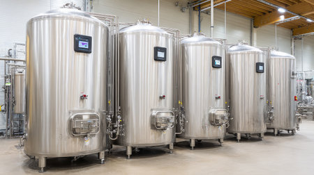 Stainless steel food production machinery operating in a temperature-controlled roomの素材