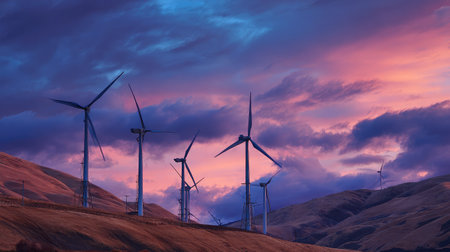 Turbines on mountain ridges framed by rolling clouds and a glowing sky at dawnの素材