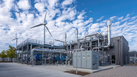 Wide shot of a hybrid energy station combining wind, solar, and thermal unitsの素材