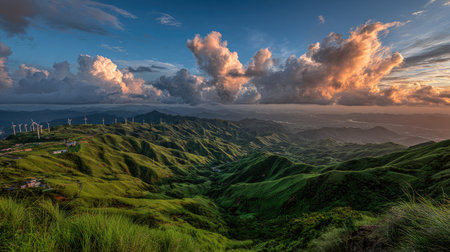 Windmills scattered across a green mountain at sunset with warm light and fluffy clouds overheadの素材