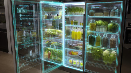 Transparent smart fridge showing food inventory and expiration dates on screenの素材