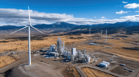 Wind turbines located near a fossil fuel power facility, showcasing energy transitionの素材