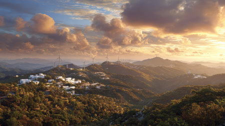 Windmills scattered across a green mountain at sunset with warm light and fluffy clouds overheadの素材