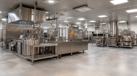 Stainless steel food production machinery operating in a temperature-controlled roomの素材