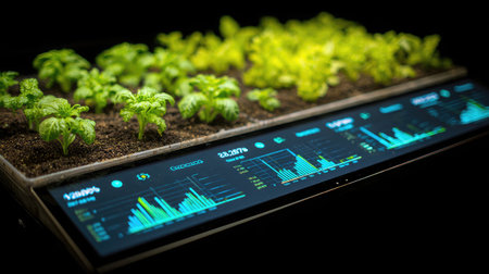Touchscreen interface displaying growth data for vertical farm produceの素材