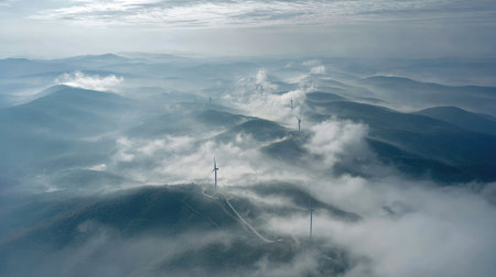 Windmills tower above fog-covered mountain terrain under a sky filled with sunlight and cloudsの素材