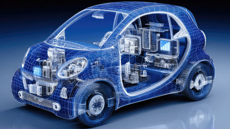 Blueprint of concept smart car with labeled systems and high-tech interfacesの素材