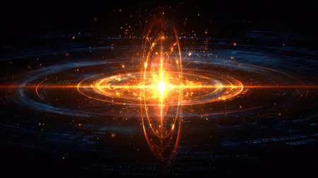 Abstract concept of quantum computing with glowing particles, code, and energy wavesの素材