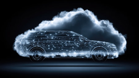 Car-to-cloud connection concept with glowing data transfer linesの素材