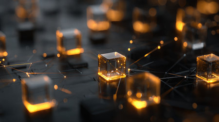 Blockchain concept with glowing cube chains and encrypted data flow across a dark gridの素材