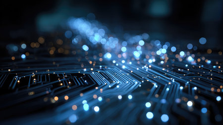 Close-up of glowing digital circuit lines on a blue background representing futuristic connectivityの素材