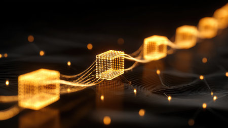 Blockchain concept with glowing cube chains and encrypted data flow across a dark gridの素材