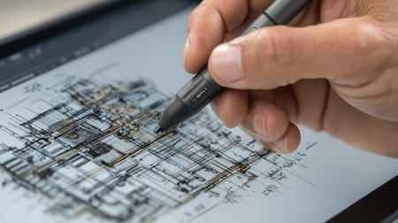 Close-up of digital pen drawing product design on high-resolution tablet screenの素材