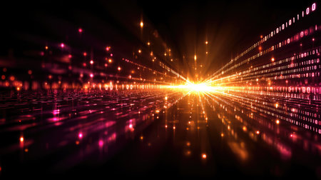 Data tunnel of moving binary digits converging into a single bright digital sourceの素材