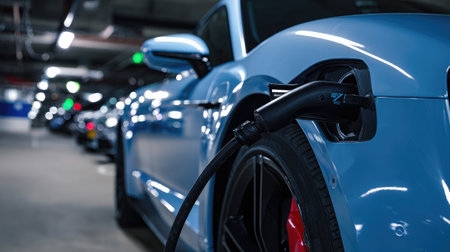 Electric vehicle charging at station with high-voltage cable plugged inの素材