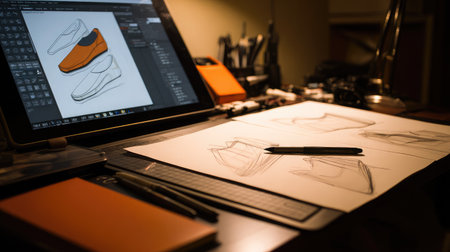 Digital drawing tablet screen with layered product concept sketches in progressの素材