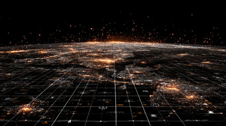 Glowing satellite signals and grid overlay map showing digital global communicationの素材