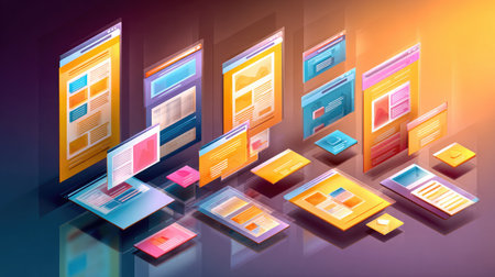 Dynamic web design mockups on gradient background representing responsive layoutの素材