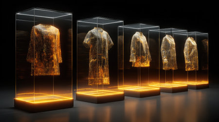 Digital fashion design template glowing on large screen with garment outlinesの素材