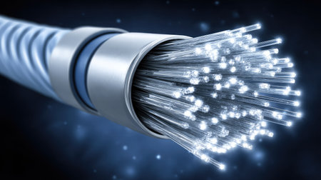 Glowing fiber optic cables symbolize fast digital communication and high-speed dataの素材