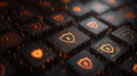 Cybersecurity interface with locked shield icons, firewalls, and encrypted code visualsの素材