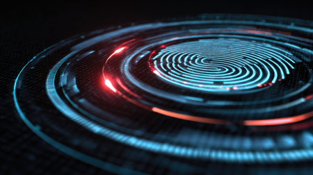 Digital fingerprint scanning animation concept on futuristic biometric security screenの素材