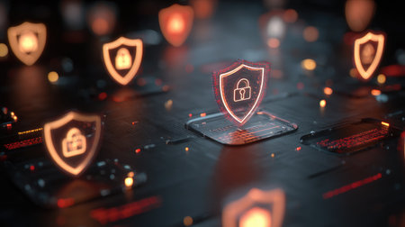 Cybersecurity interface with locked shield icons, firewalls, and encrypted code visualsの素材