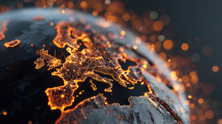 Glowing digital globe with multiple connected points representing global tech infrastructureの素材