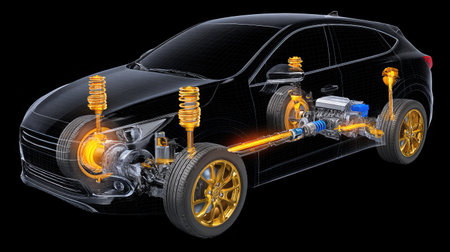 Cross-section view of car suspension system with clear labeling and lightingの素材