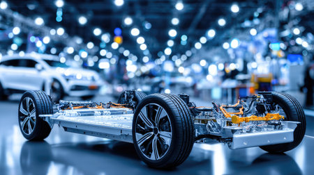 EV motor layout on display stand in high-tech lighting environmentの素材