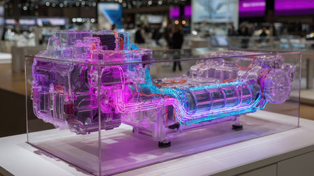 EV motor layout on display stand in high-tech lighting environmentの素材