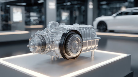 EV motor layout on display stand in high-tech lighting environmentの素材