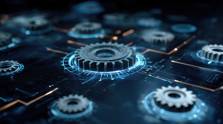 Digital gears and mechanical lines on a futuristic HUD interface illustrating smart automationの素材