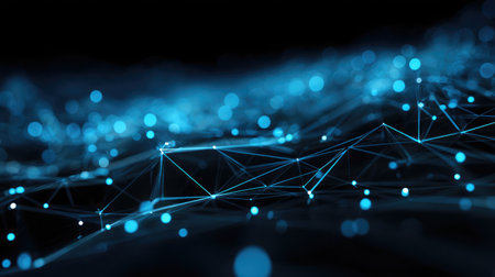 Futuristic network of glowing blue points and lines forming a digital web in cyberspaceの素材