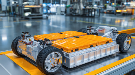 High-voltage battery module for electric vehicle placed on industrial tableの素材