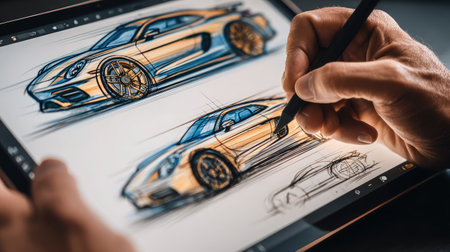 Digital drawing tablet screen with layered product concept sketches in progressの素材