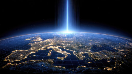 Glowing satellite signals and grid overlay map showing digital global communicationの素材