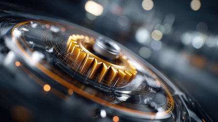 Digital gears and mechanical lines on a futuristic HUD interface illustrating smart automationの素材