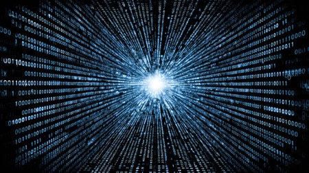 Data tunnel of moving binary digits converging into a single bright digital sourceの素材