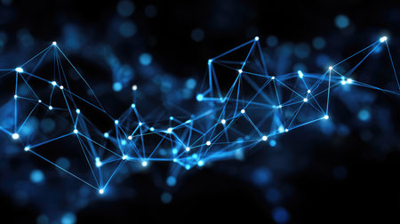 Futuristic network of glowing blue points and lines forming a digital web in cyberspaceの素材