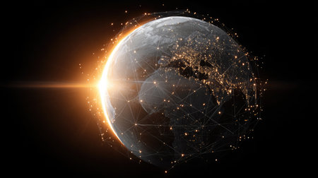 Glowing digital globe with multiple connected points representing global tech infrastructureの素材