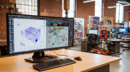 Modern workspace featuring sleek monitor displaying D CAD software and technical sketchesの素材