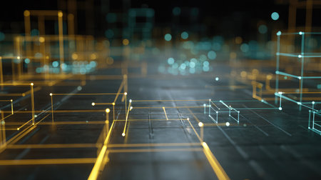 Glowing digital architecture model with layer lines and structural data pointsの素材